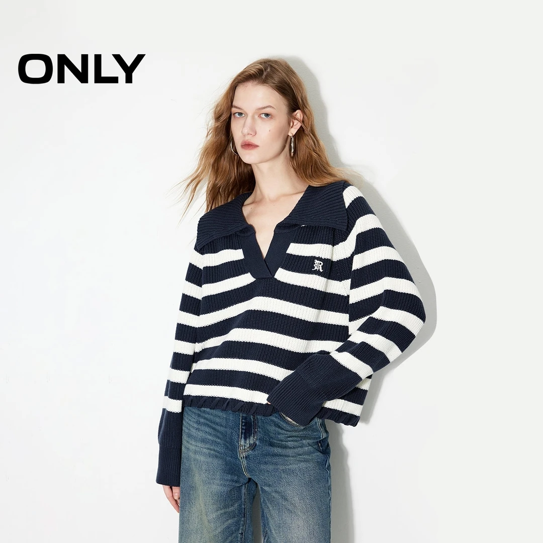 ONLY2025秋季新款时髦学院风宽松翻领条纹休闲针织衫女|124413056
