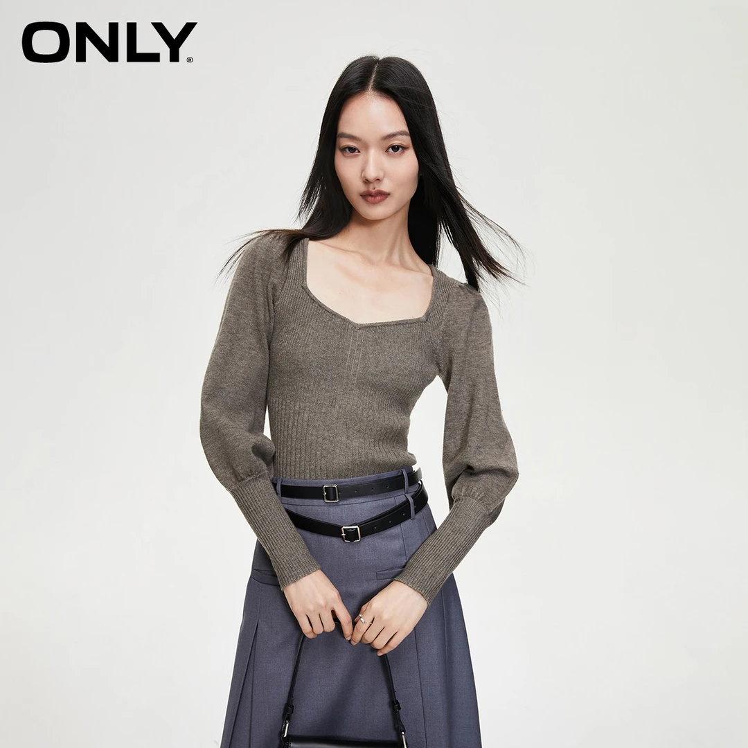 ONLY秋季新款显瘦修身方领灯笼袖热力针织衫123424012