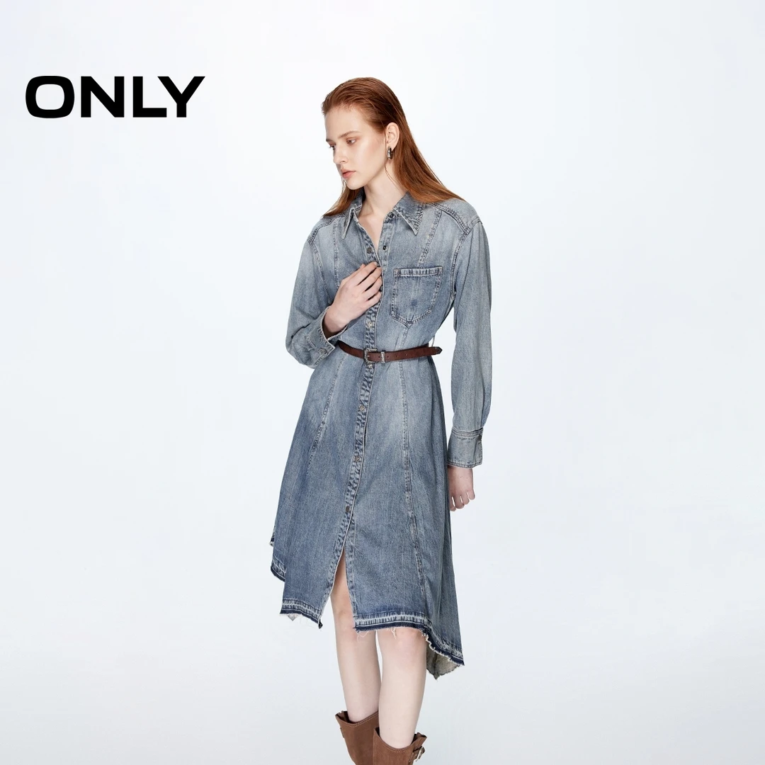 ONLY2025秋季新款做旧不规则长袖中长款牛仔裙连衣裙女|124342009