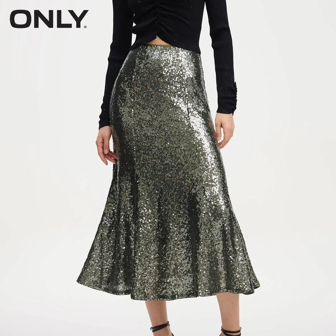 ONLY2025秋季新款时尚亮片鱼尾裙摆高腰包臀裙半身裙女|12411G001