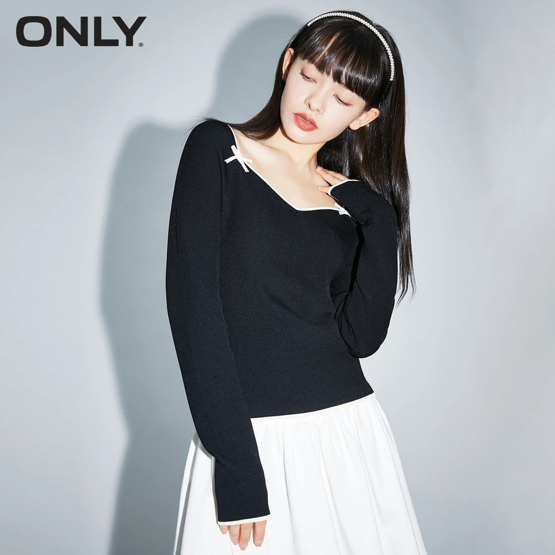 ONLY春秋新款甜美蝴蝶结设计显瘦长袖针织打底衫上衣女｜122424013