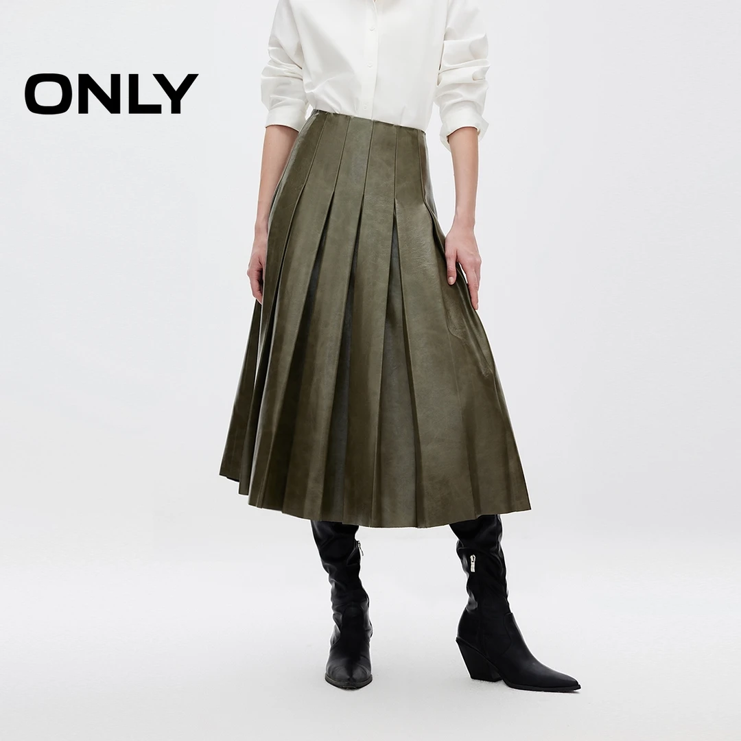 ONLY2025春季新款简约时尚高腰PU百褶裙中长裙半身裙女|12516S002