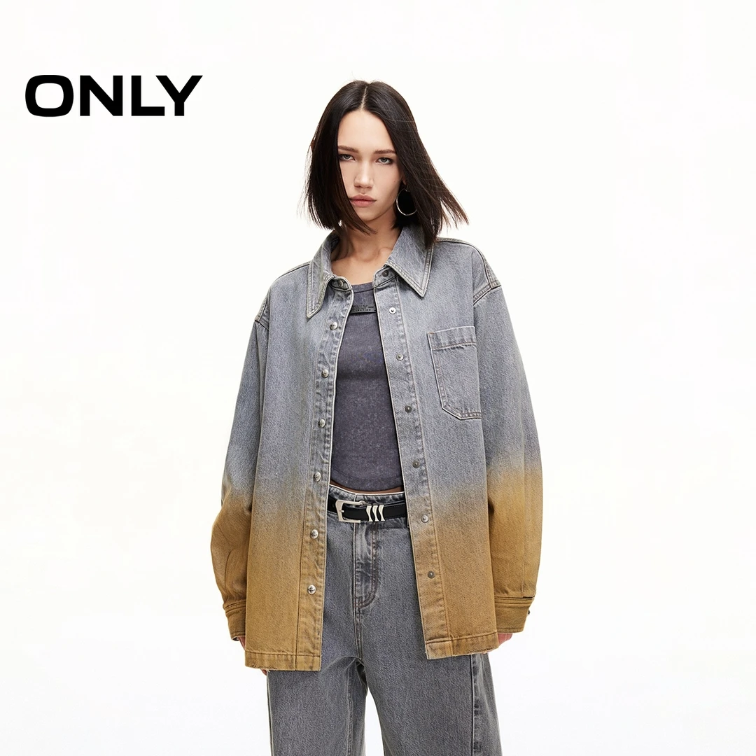 ONLY2025春季新款复古时髦宽松落肩渐变翻领牛仔衬衫女|125162001