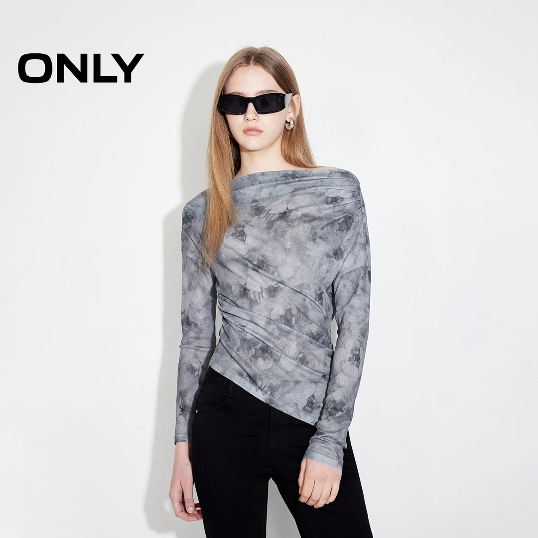 ONLY2025春季新款性感扎染一字肩修身打底长袖T恤女|125102002