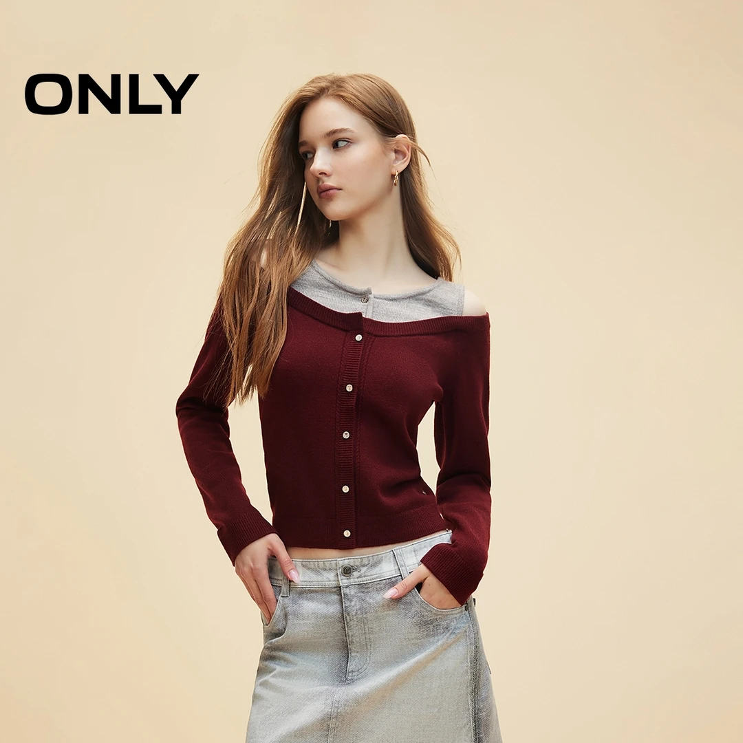 ONLY2024秋季新款时尚百搭露肩宽松假两件短款针织衫女|12433B011