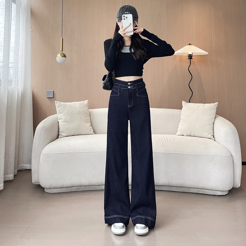 单裤/加绒不褪色高腰喇叭牛仔裤女秋冬季水洗弹力显瘦喇叭裤9725