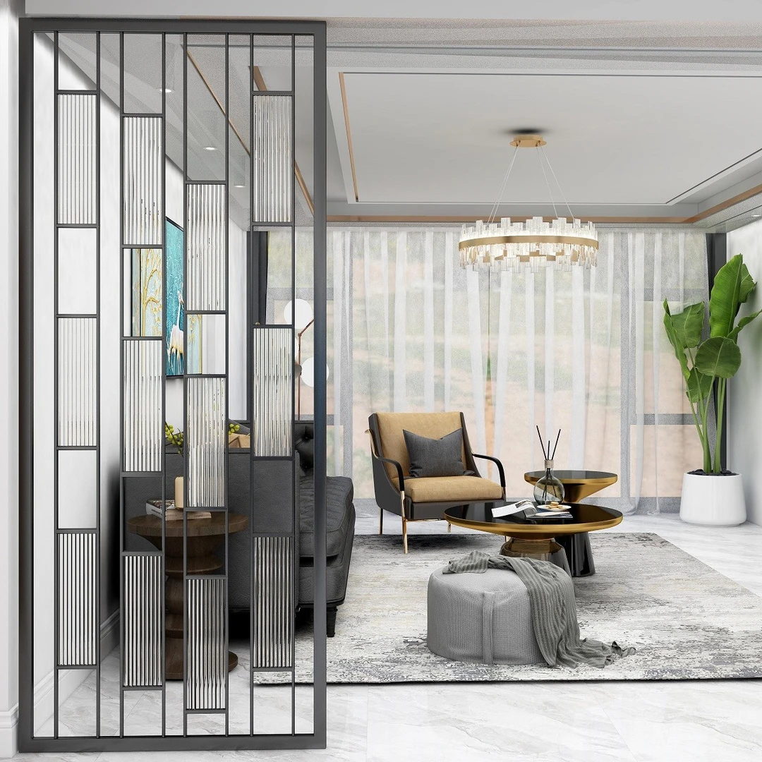 铁艺长虹玻璃屏风现代简约金属镂空轻奢装饰玄关办公客厅入户隔断