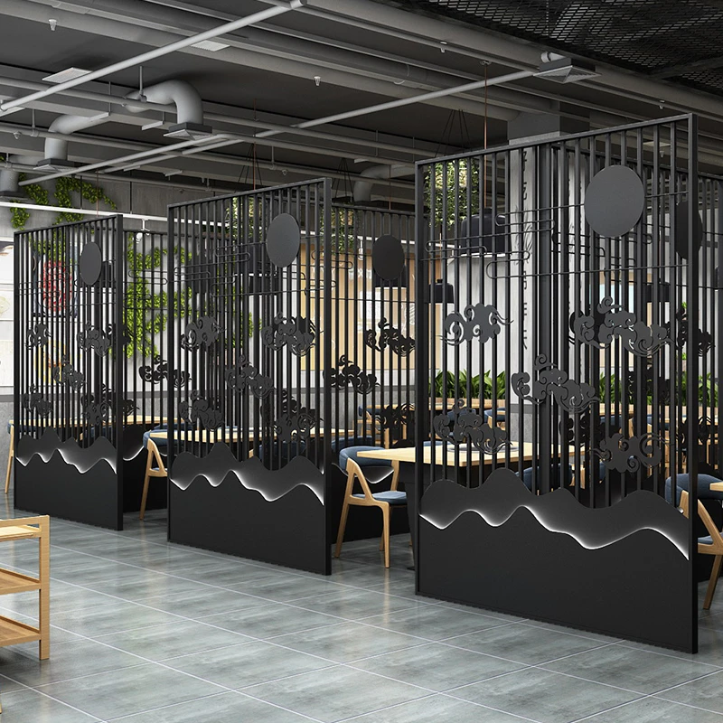 现代餐厅卡座包间隔断火锅店铁艺围栏格栅栏饭店高屏风挡板墙定制
