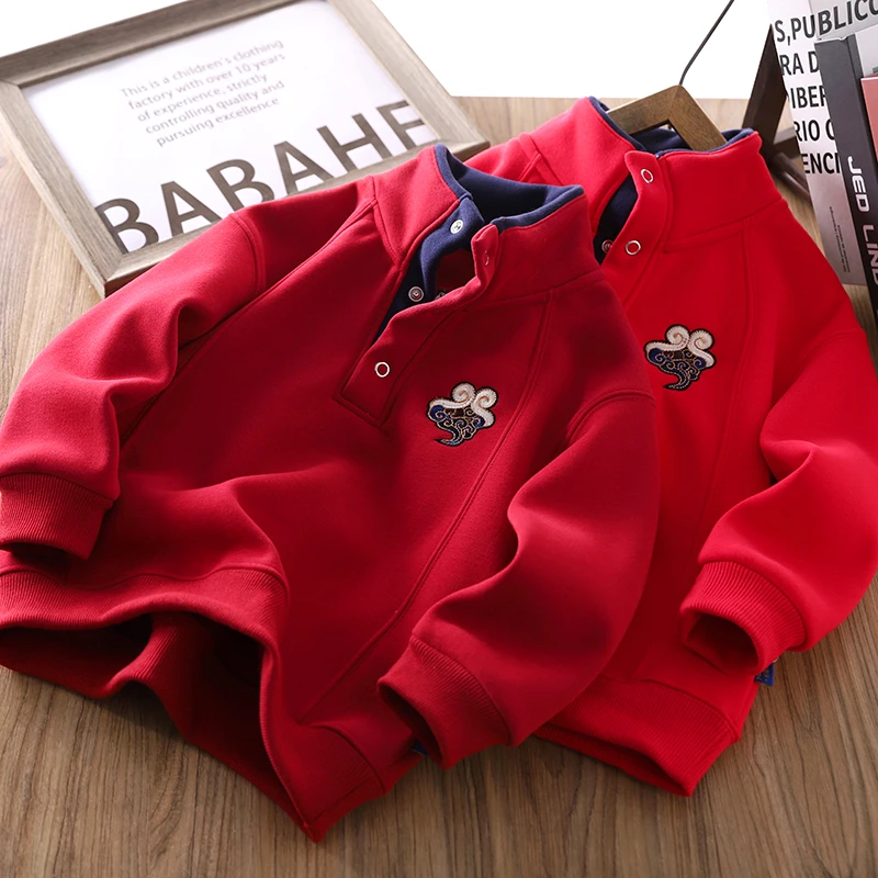 男童加绒卫衣冬装2024新款过年穿儿童红色新年服加厚保暖打底衫潮