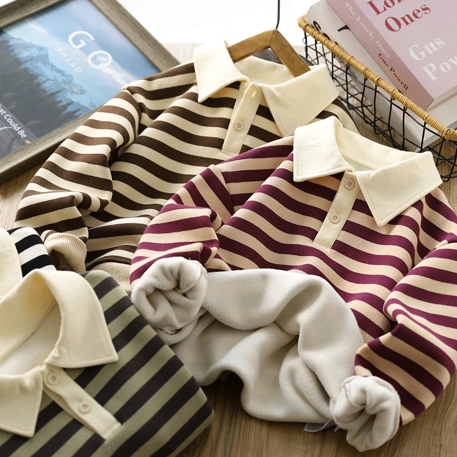 男童加绒卫衣秋冬款儿童装POLO衫2023新款男孩条纹打底衫保暖上衣