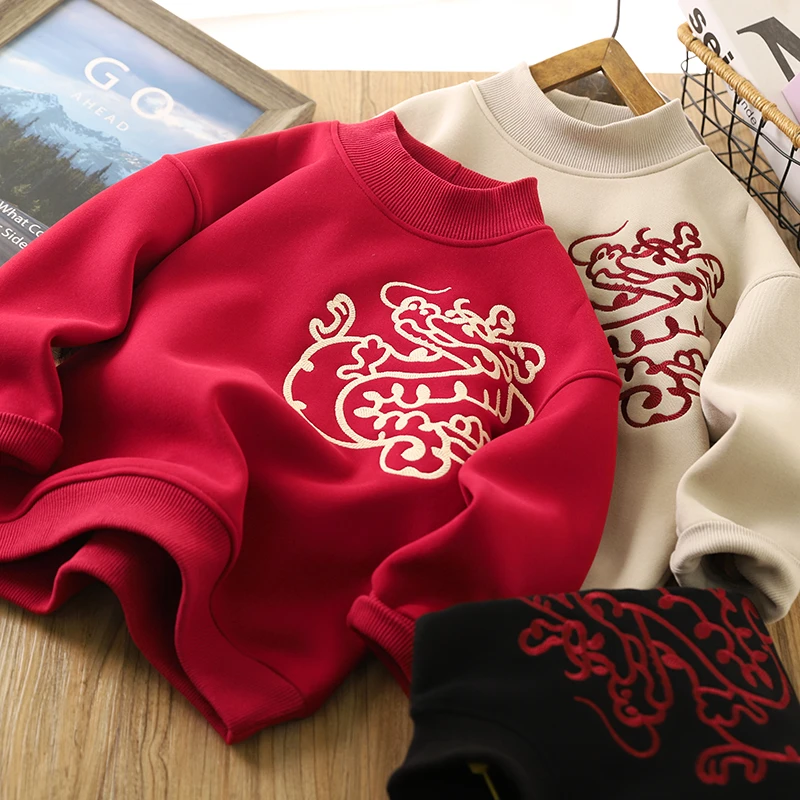 儿童加绒卫衣男童红色拜年服2023冬季新款加厚保暖打底衫运动上衣