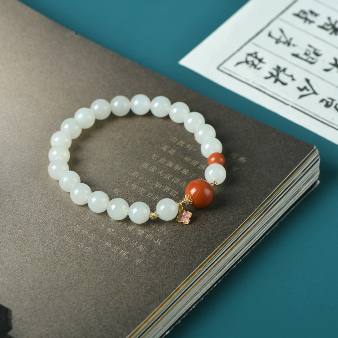 和田玉冰藕0.8手串南红鸿运当头款