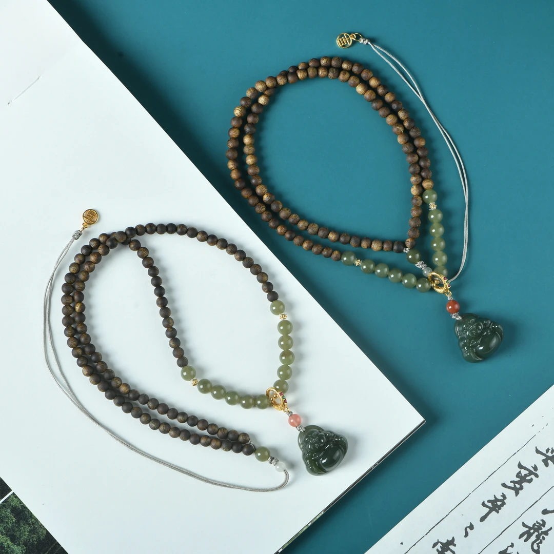 沉香越南芽庄白奇0.4和田玉弥勒吊坠项链脖挂（多样性发其一）