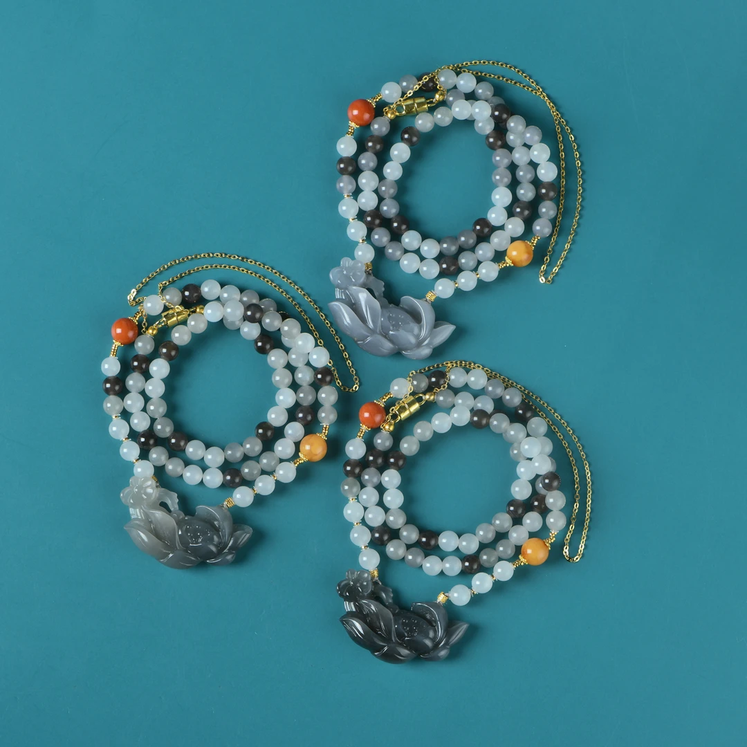 和田玉0.6烟紫多宝脖挂手工精雕一品青莲款（多样性发其一）