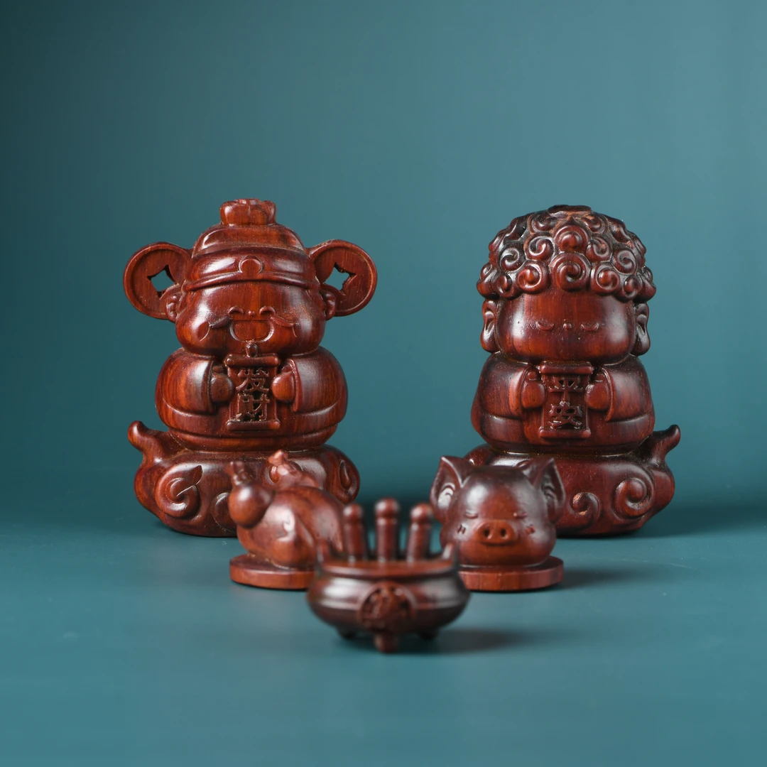 赞比亚血檀精雕福财拜拜套装