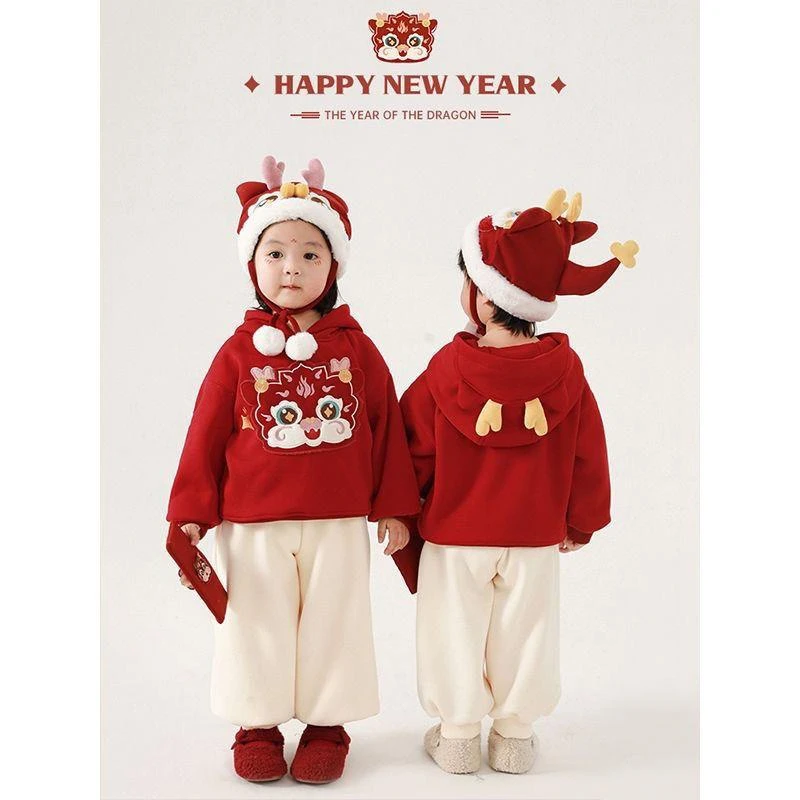 韩版儿童中国风拜年服套装男女儿童萌兽龙卫衣休闲卫裤洋气两件套