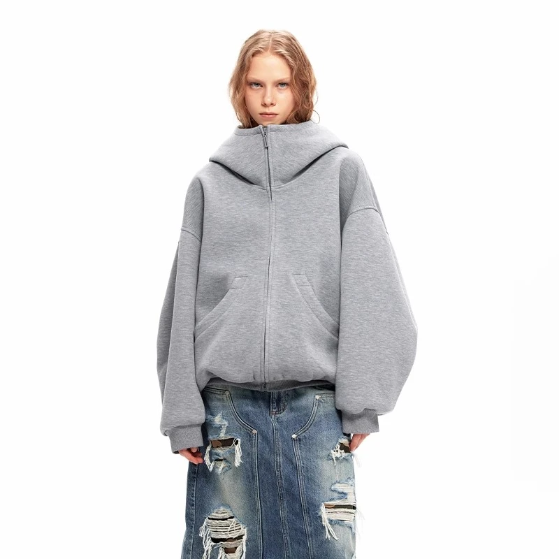 “凝聚空气”灰色宽松廓形感短款连帽卫衣女空气感oversize厚外套