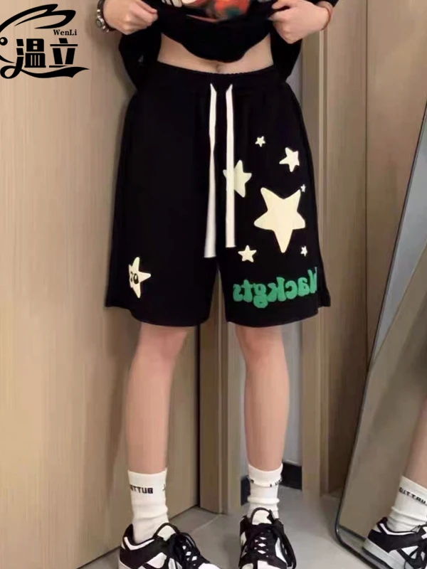 国潮星星运动短裤女2024新款夏季美式情侣宽松休闲五分篮球阔腿裤