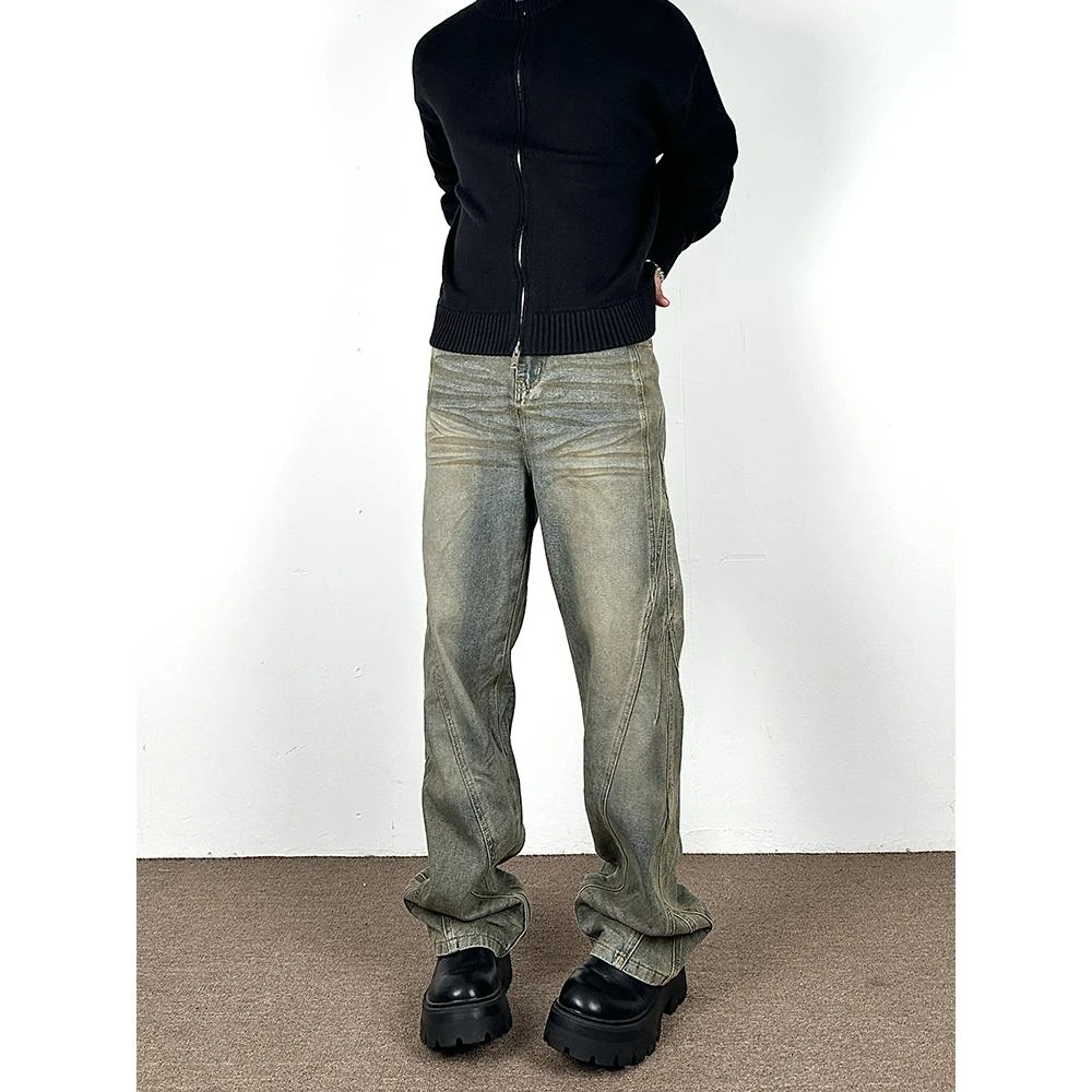 美式复古水洗做旧脏染拼接牛仔裤男宽松直筒微喇痞帅高街vibe裤子