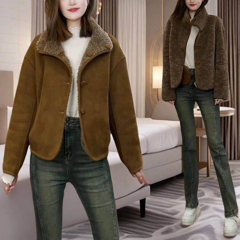 复古两面穿短外套女2024冬季新款设计感皮毛一体休闲百搭翻领上衣