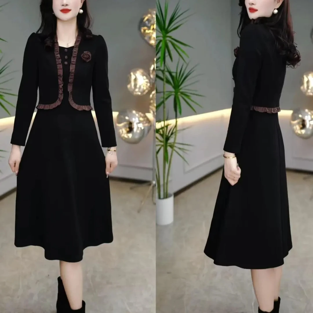 2025秋冬季新款大码假两件长袖连衣裙女气质显瘦加厚百搭打底裙子