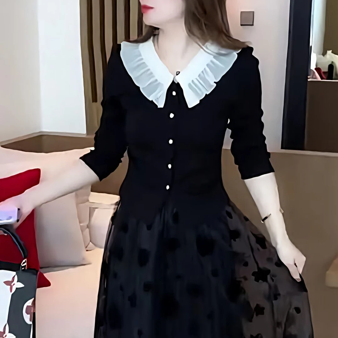 2025春秋新款长袖T恤女时尚洋气显瘦拼接娃娃领设计感百搭上衣