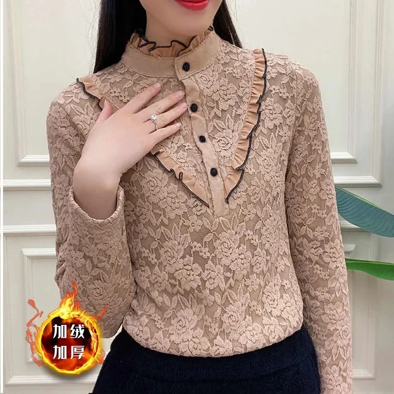 蕾丝加绒加厚打底衫女秋冬2025木耳边拼接长袖时尚洋气T恤小衫潮