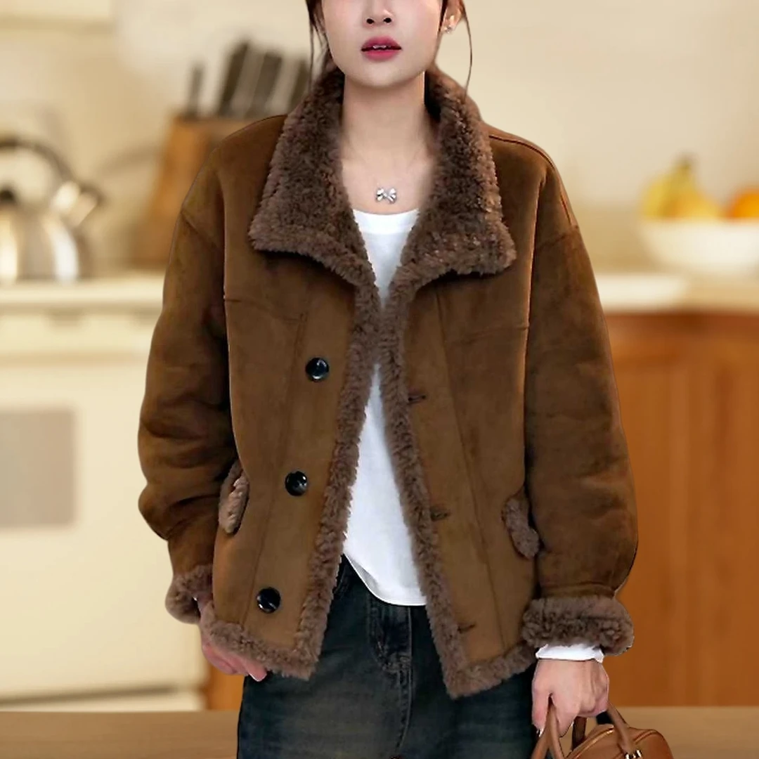 复古气质短外套女2024冬季新款宽松显瘦皮毛一体休闲百搭保暖上衣