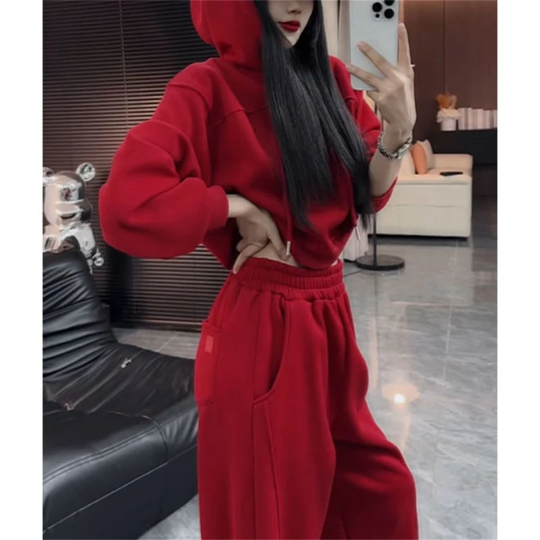 2024秋冬新款时尚简约休闲套装女纯色长袖连帽卫衣弯刀裤两件套潮