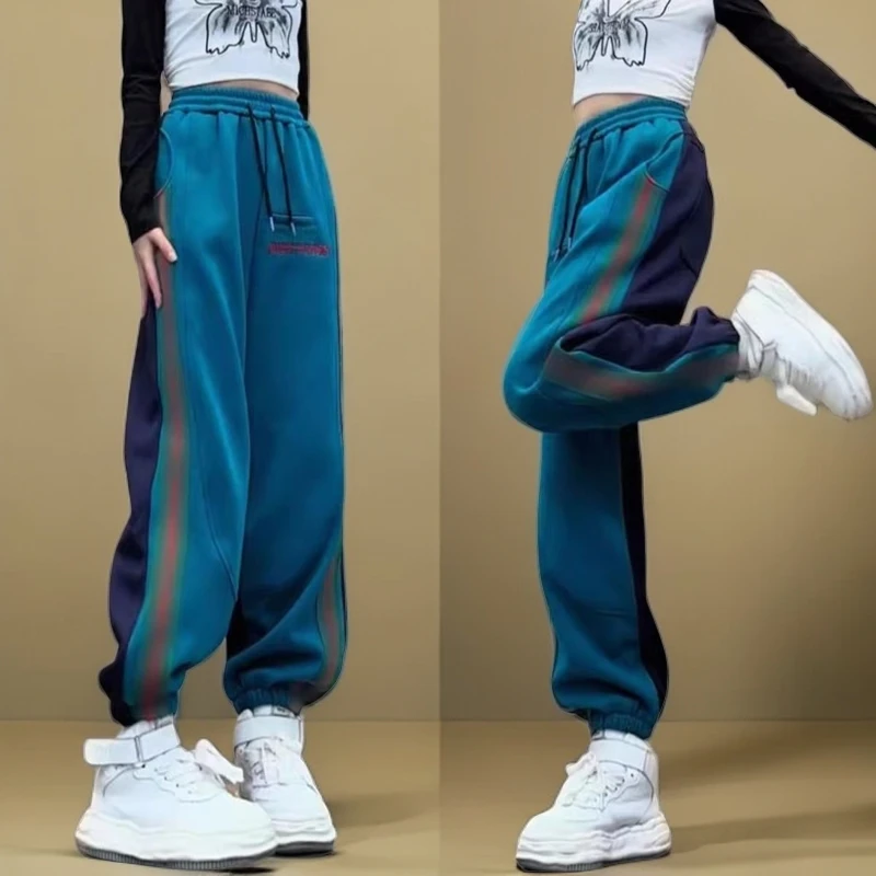 2024秋冬新款百搭字母撞色拼接运动卫裤女宽松显瘦束脚裤哈伦长裤