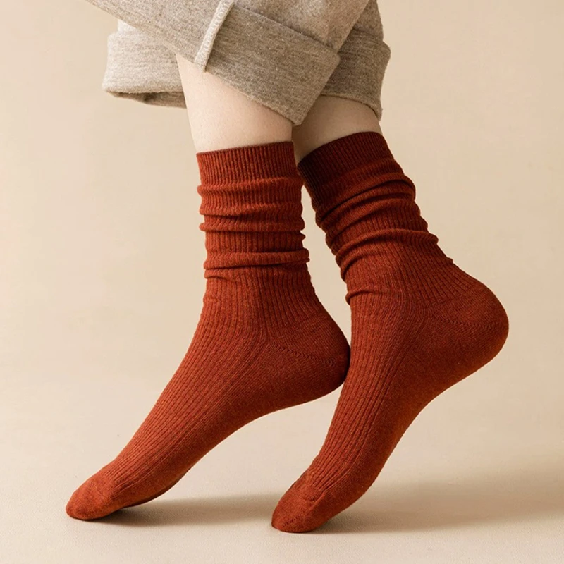 A960女袜纯棉秋冬季中筒袜双针无骨保暖吸湿抗菌防臭纯色袜子女