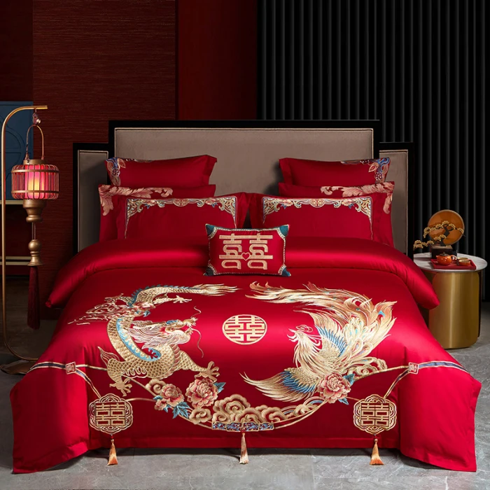 纯棉婚庆绣花龙凤四件套全棉绣花结婚大红龙凤刺绣流苏婚房四件套
