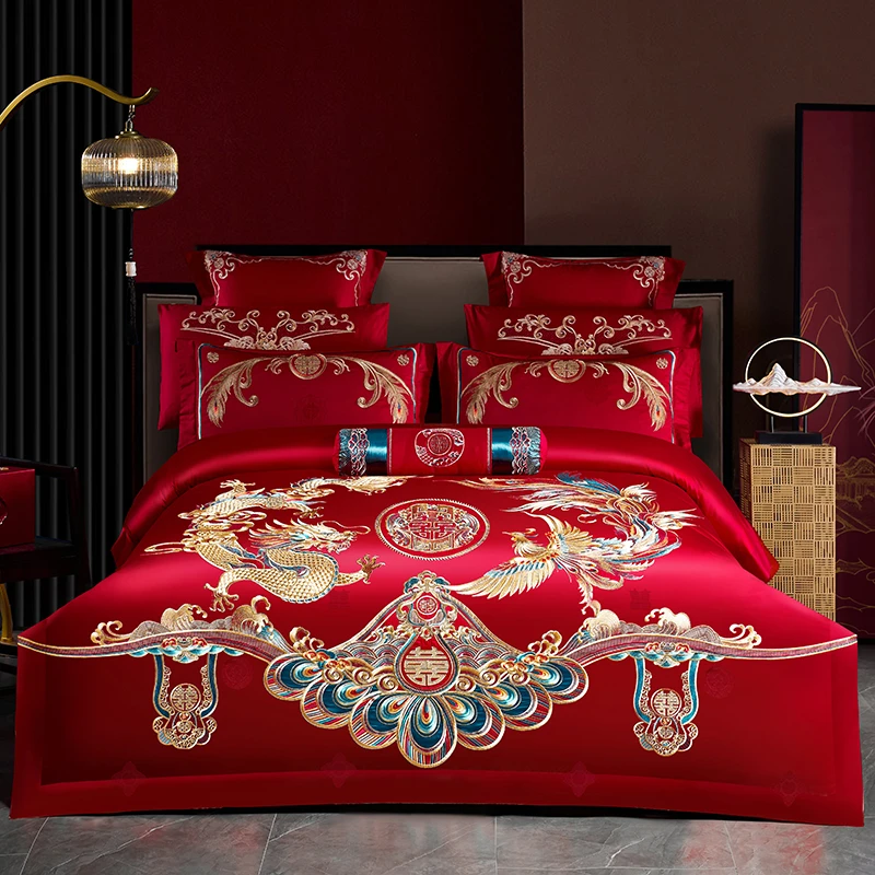 全棉婚庆绣花大龙凤四件套纯棉刺绣红色婚庆结婚四件套