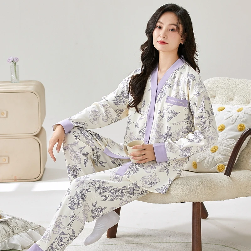 A新款带胸垫睡衣女套装2025春季新款大码卡通长袖长裤甜美家居服