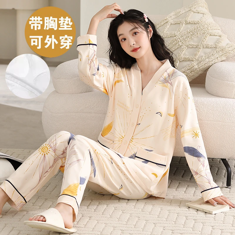 A新款带胸垫睡衣女套装2024秋季新款大码长袖长裤甜美家居服W