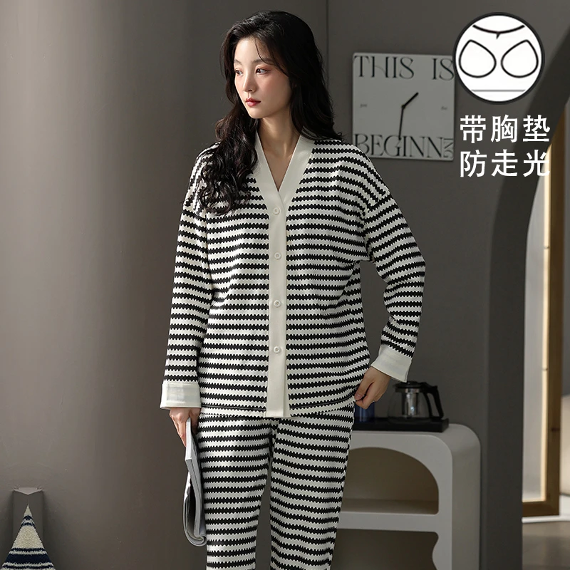 A新款带胸垫睡衣女套装2025春季新款大码卡通长袖长裤甜美家居服