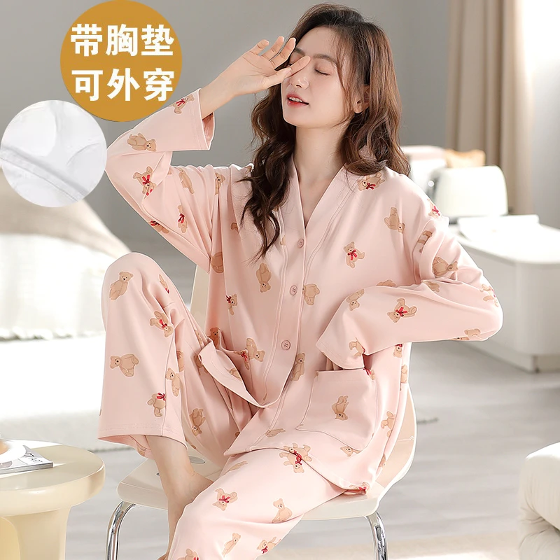 A新款带胸垫睡衣女套装秋季新款大码长袖长裤甜美家居服宽松休闲