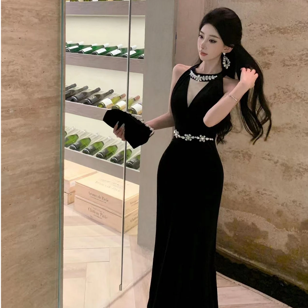 新款网纱拼接重工订钻金丝绒礼服连衣裙