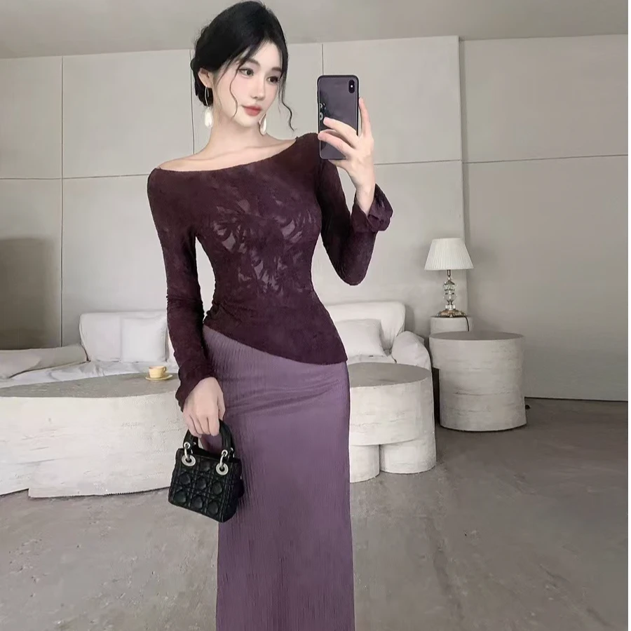 时尚气质优雅蕾丝长袖上衣秋季百搭后开叉半身长裙子两件套装