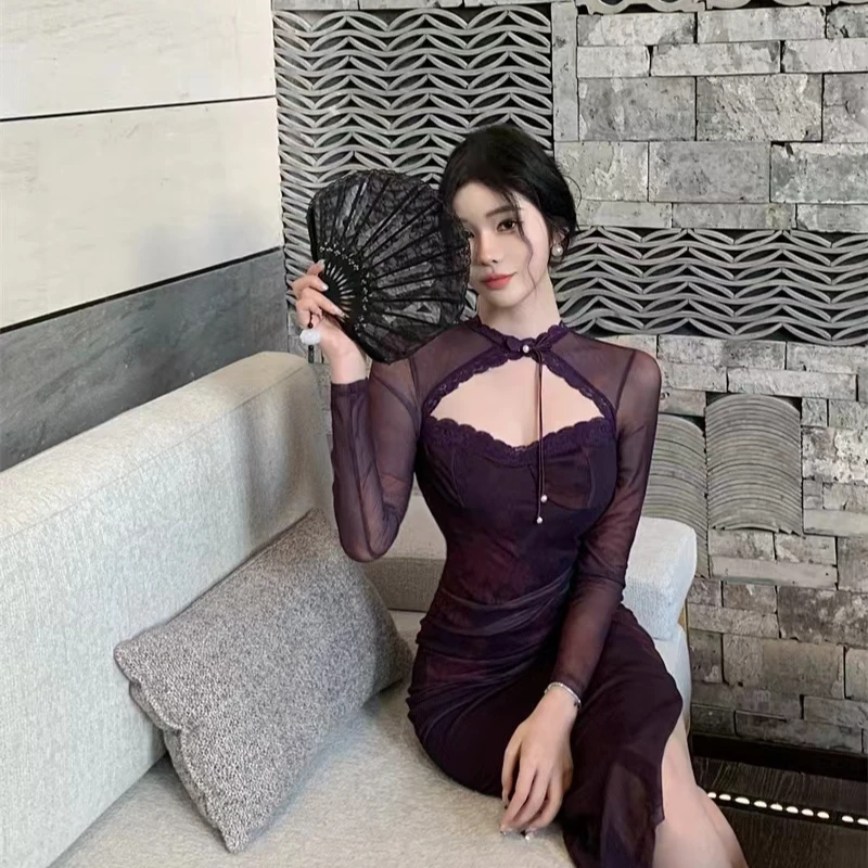 早秋新款紫色网纱蕾丝拼接连衣裙中国风复古印花连衣裙