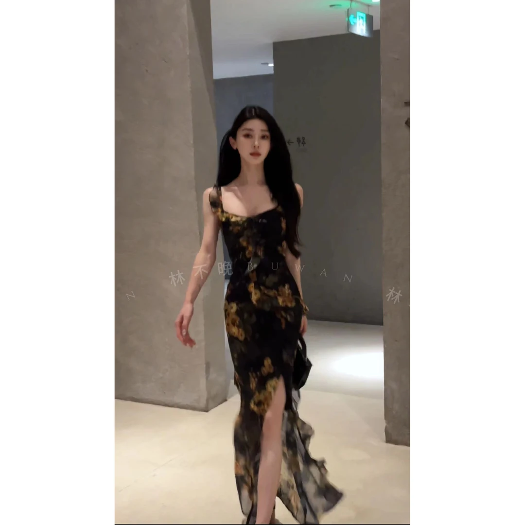 度假风荷叶边印花无袖吊带收腰显瘦气质连衣裙