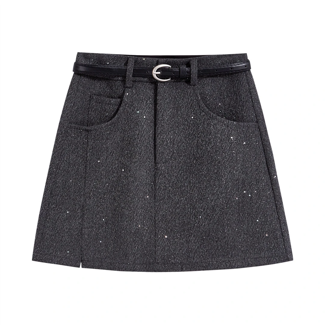 【冬日繁星 侧开叉显瘦半身裙 附腰带】韩系高级感闪闪高腰a字短裙