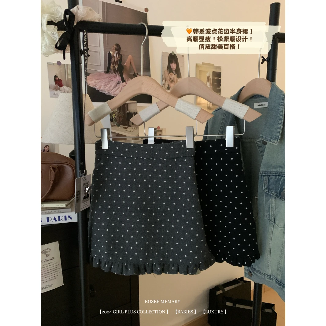 实拍实价 秋冬波点木耳花边波点毛呢半身裙高腰显瘦减龄包臀短裙