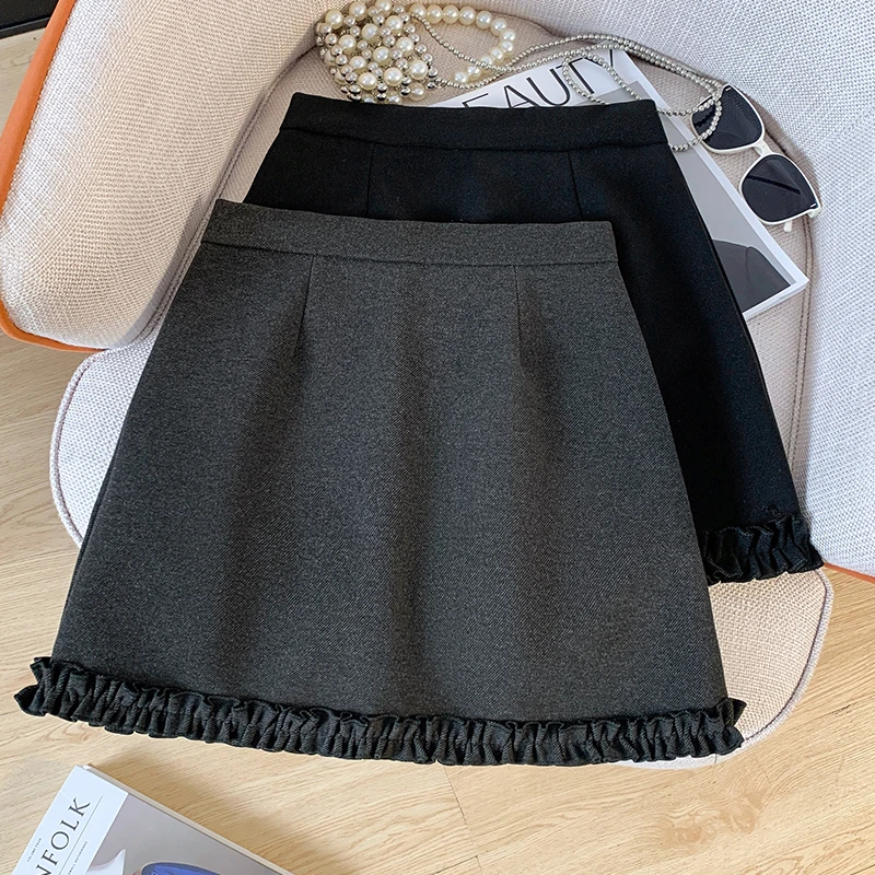 灰色呢料半身裙女2025秋冬加厚新款甜美高腰修身木耳边裙摆短裙