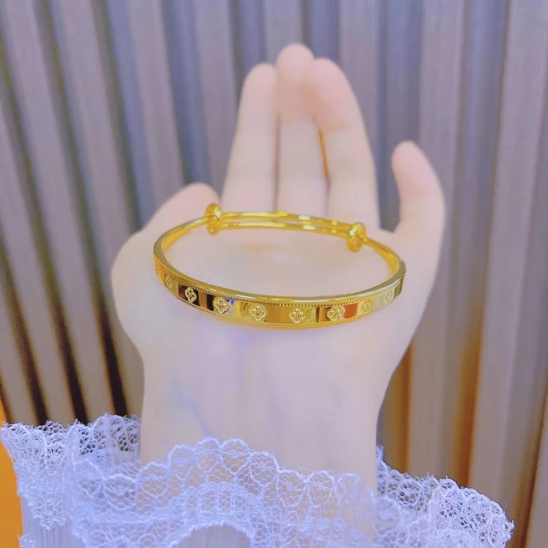 铜合金手镯 金色铜合金妈妈时尚真金手镯精品四叶草推拉手镯