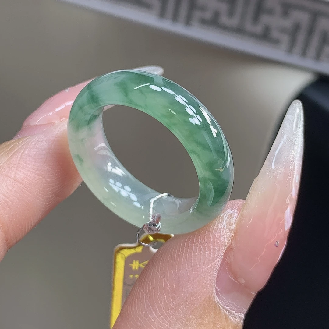 缅甸翡翠玉戒指-17号-半山水冰种冰起胶飘花戒圈尺寸17.7-6.7-3.8