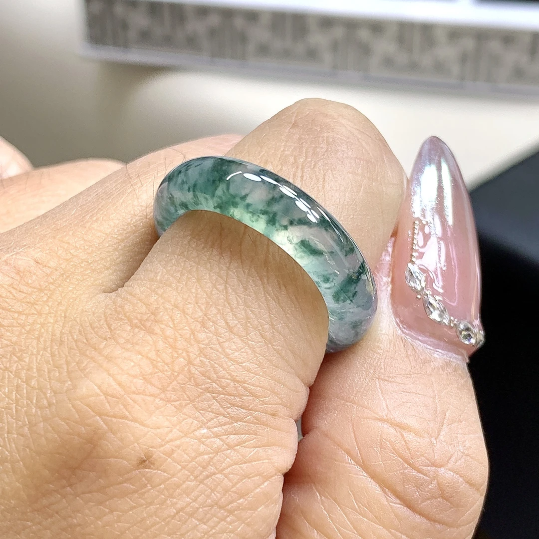 高冰蓝钢飘花缅甸翡翠玉戒指 19号 高透山水画18.5-5.8-4mm