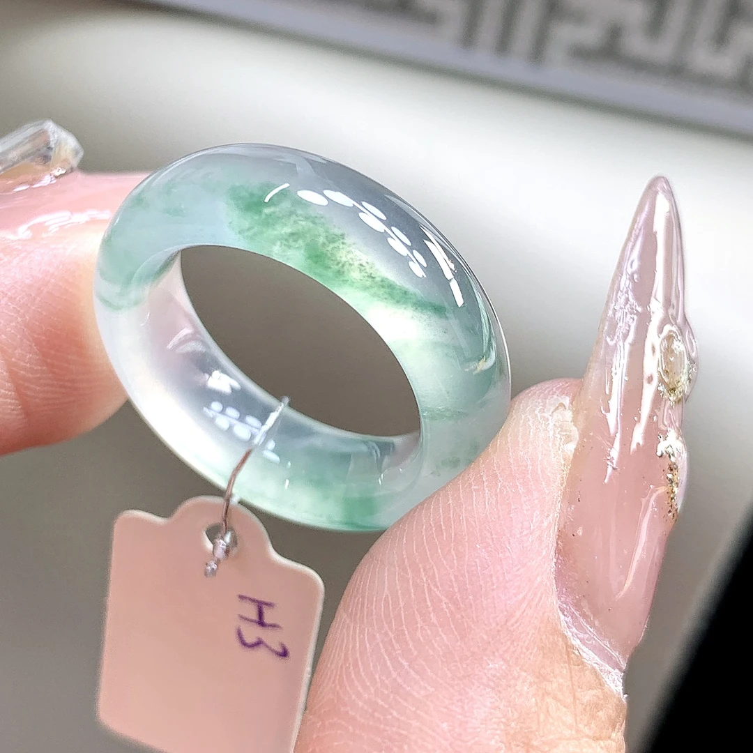 高冰天然缅甸翡翠玉戒指 12号 冰绿飘花翡翠戒圈尺寸16.1-6.8-4mm