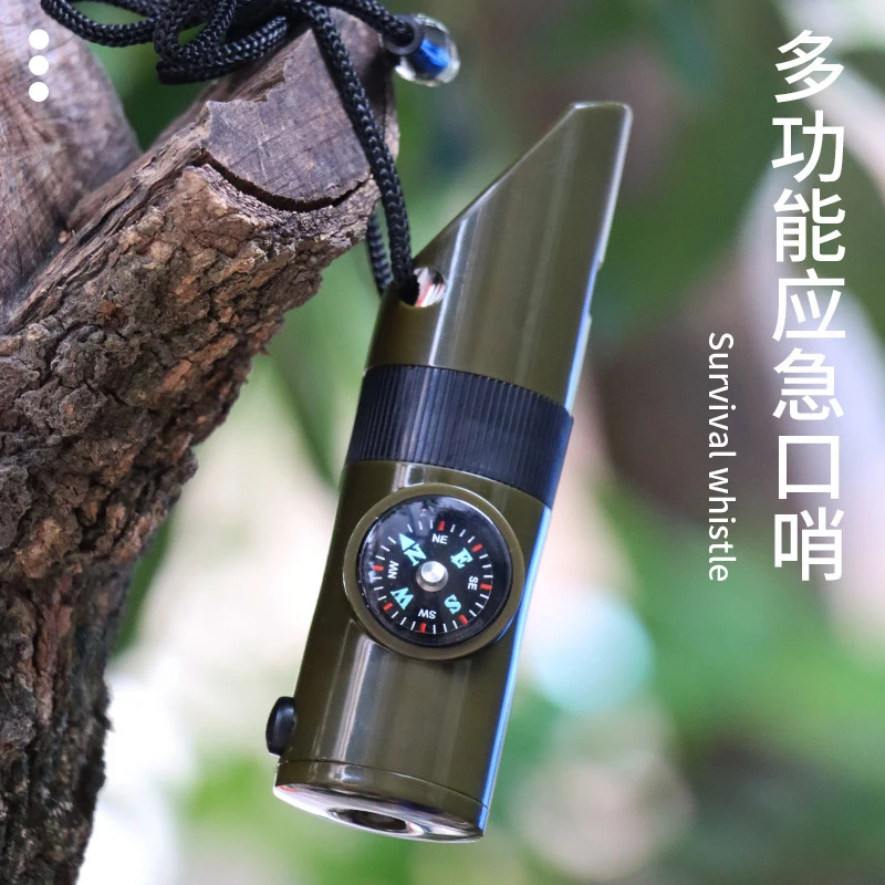 户外野营七合一多功能口哨求生哨救生高音哨子带手电温度计指南针