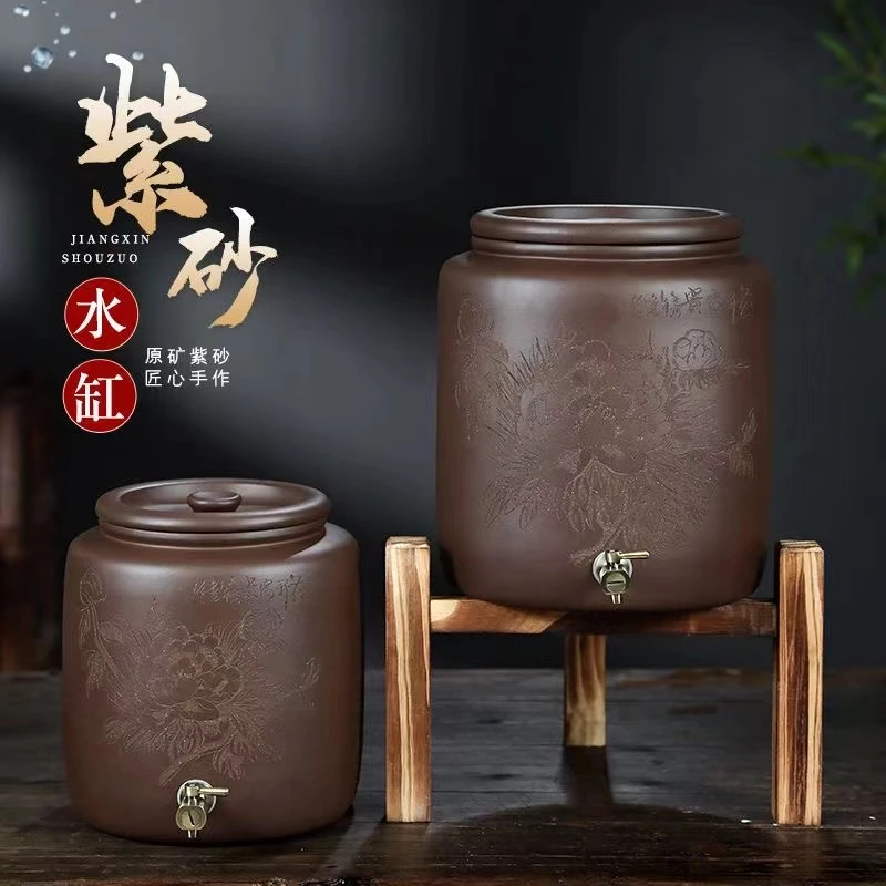 紫砂水缸大号10L带龙头储水罐家用陶瓷过滤净水缸茶水桶紫砂壶